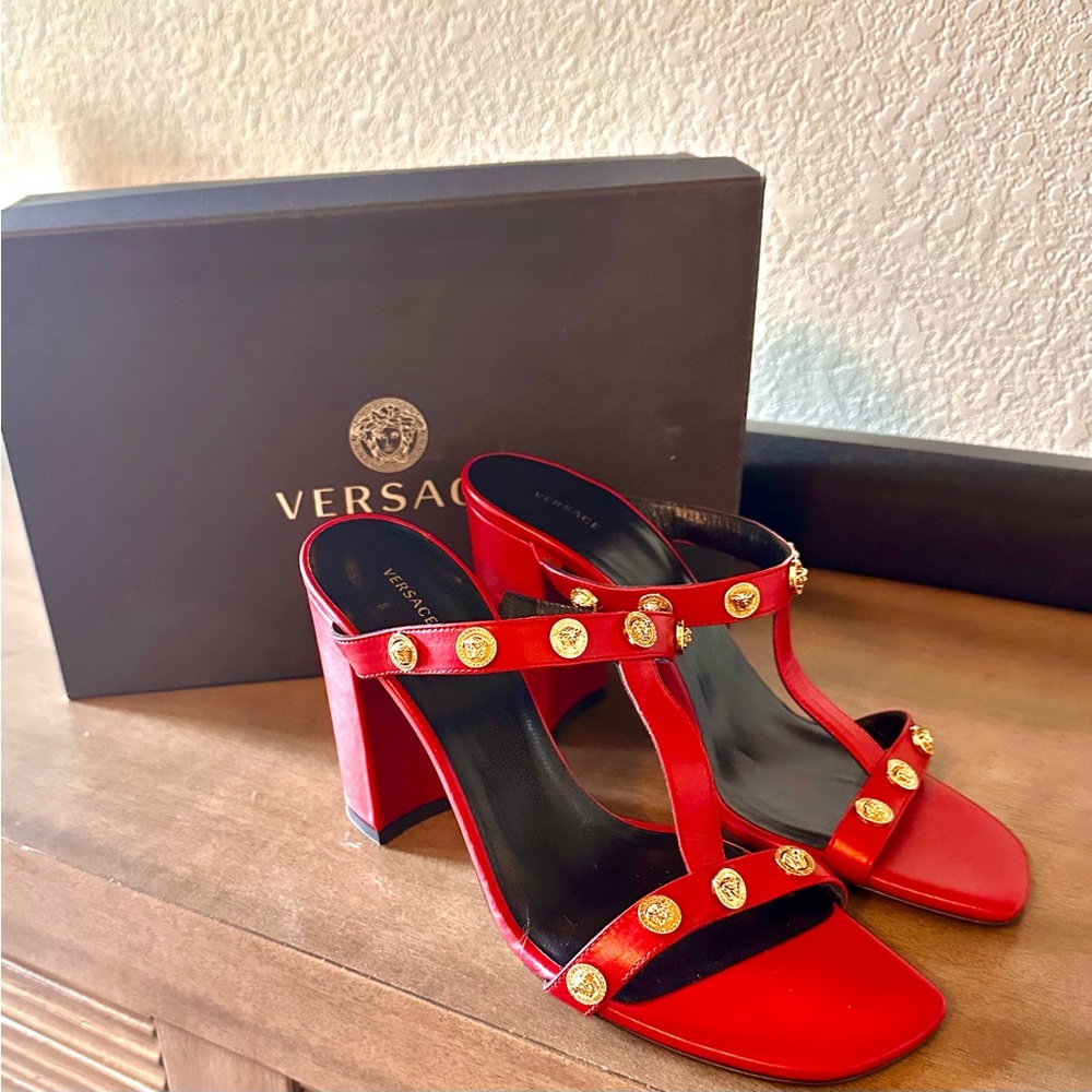 Versace Red Leather Sandals with Gold Accents